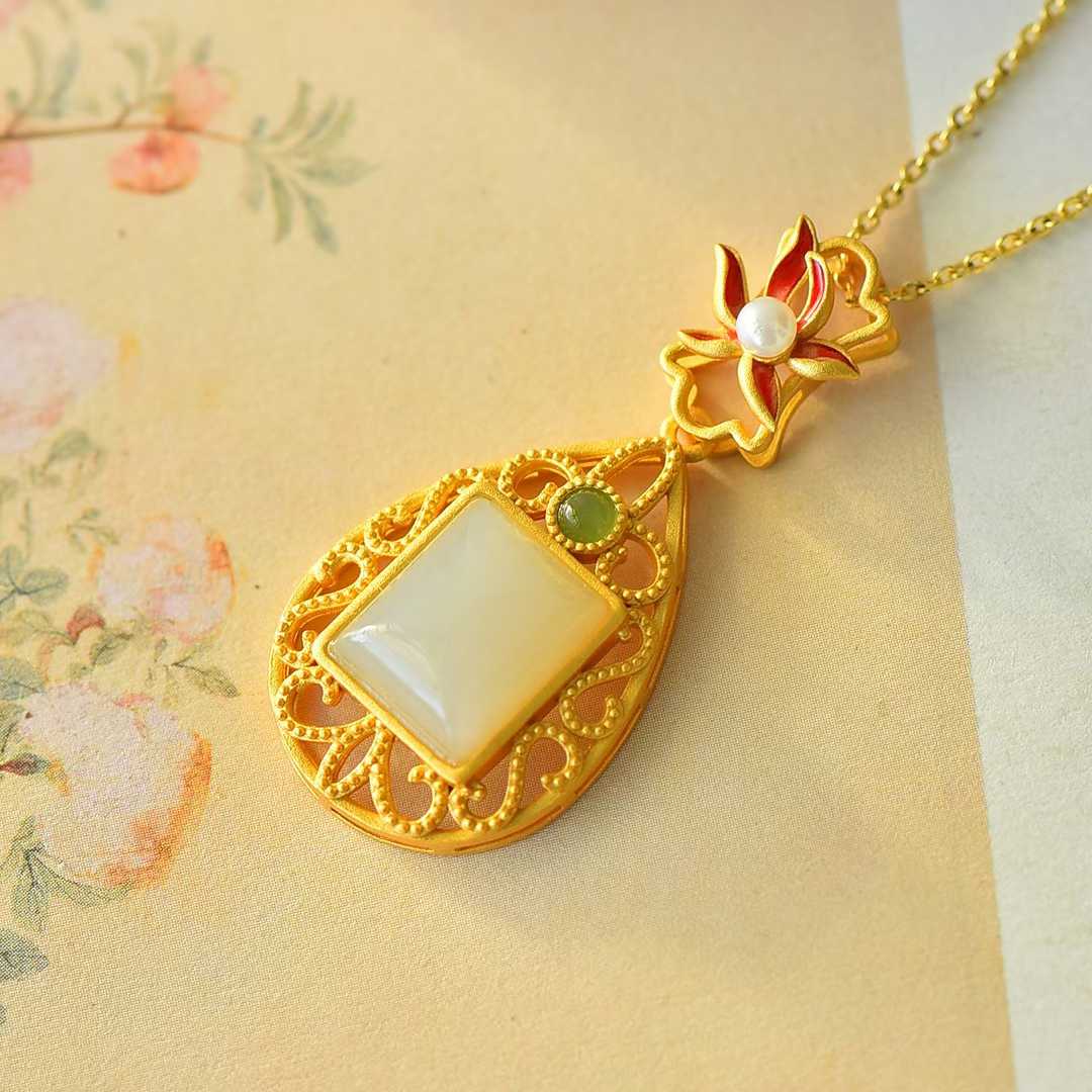 925 Silver Inlaid Nephrite Daffodil Filigree Pendant - jewelry - weilin.com