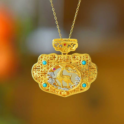 925 Silver Inlaid Nephrite "Deer & Crane for Auspiciousness" Two - Tone Pendant - jewelry - weilin.com