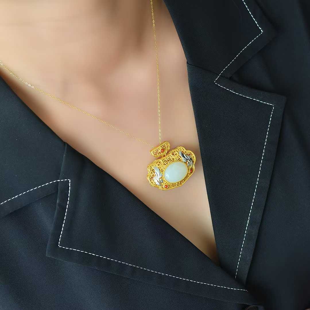 925 Silver Inlaid Nephrite "Deer & Crane for Auspiciousness" Two - Tone Pendant - jewelry - weilin.com