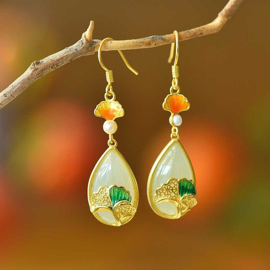 925 Silver Inlaid Nephrite "Destiny in Apricots" Teardrop Earrings - jewelry - weilin.com