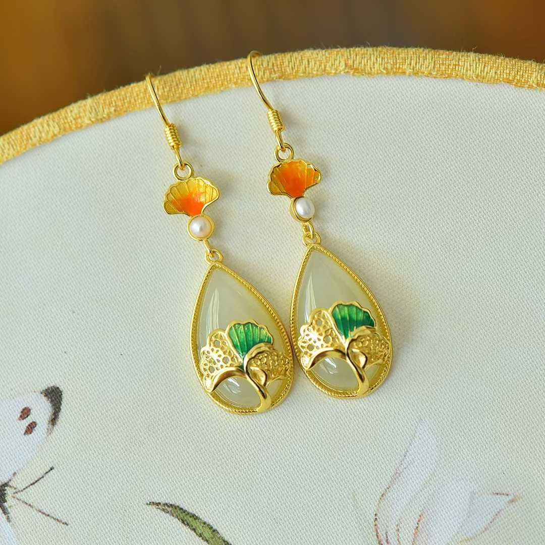 925 Silver Inlaid Nephrite "Destiny in Apricots" Teardrop Earrings - jewelry - weilin.com