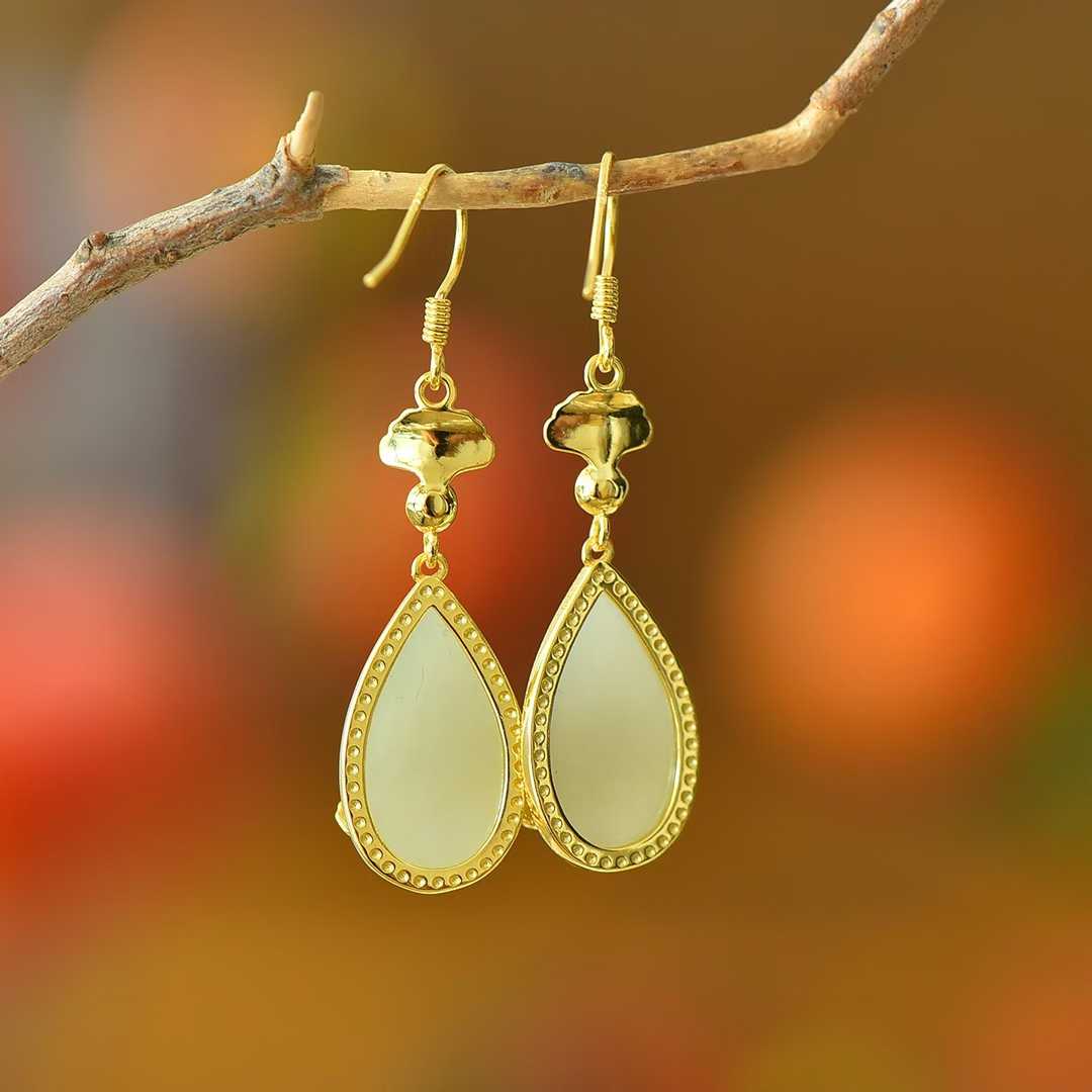 925 Silver Inlaid Nephrite "Destiny in Apricots" Teardrop Earrings - jewelry - weilin.com