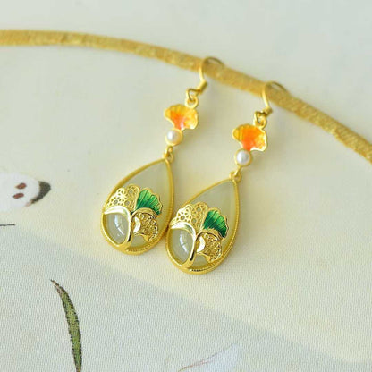 925 Silver Inlaid Nephrite "Destiny in Apricots" Teardrop Earrings - jewelry - weilin.com