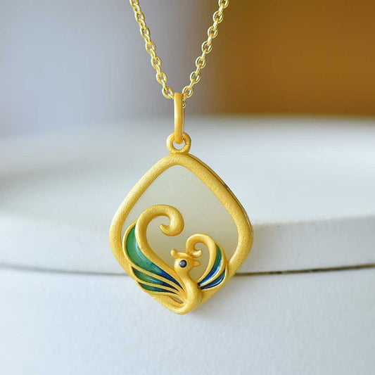 925 Silver Inlaid Nephrite Diamond - Shaped Phoenix Pendant - jewelry - weilin.com