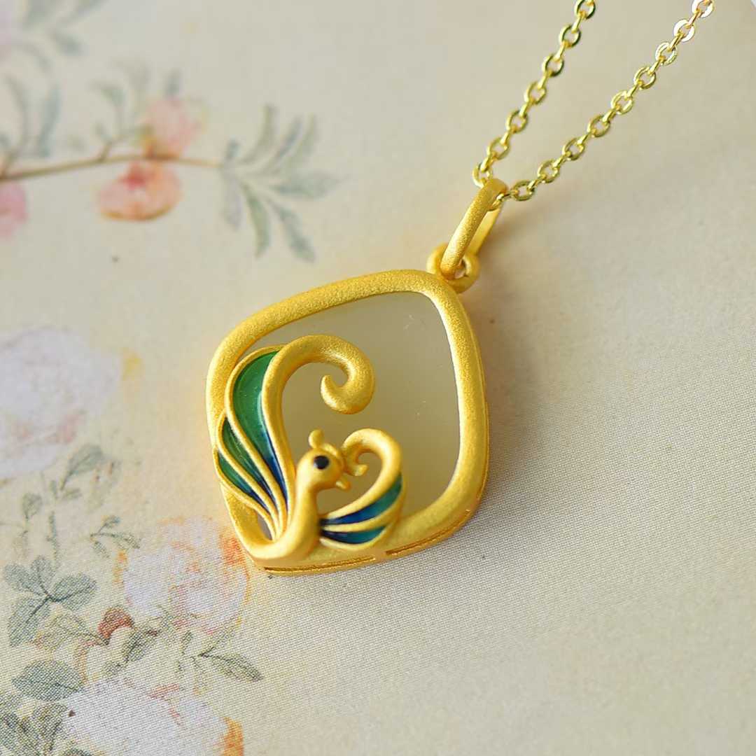 925 Silver Inlaid Nephrite Diamond - Shaped Phoenix Pendant - jewelry - weilin.com
