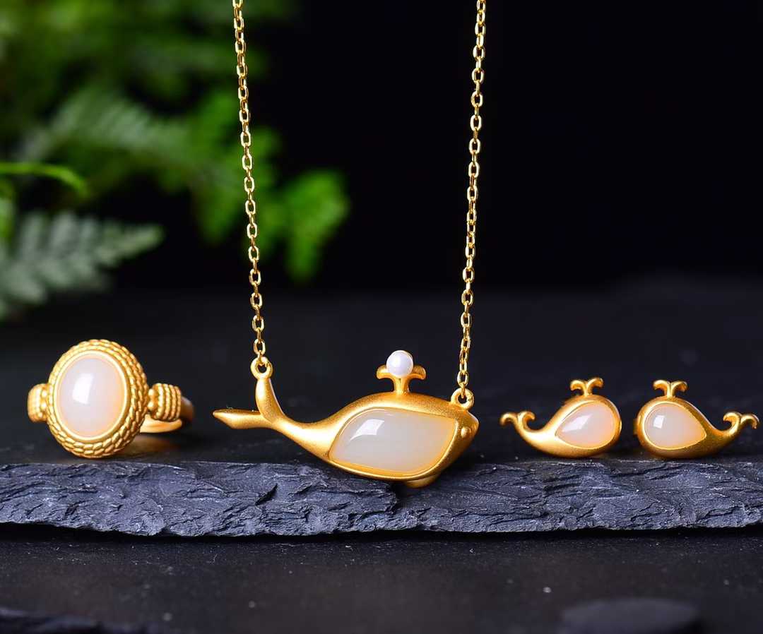 925 Silver Inlaid Nephrite "Dolphin" Jewelry Set - jewelry - weilin.com