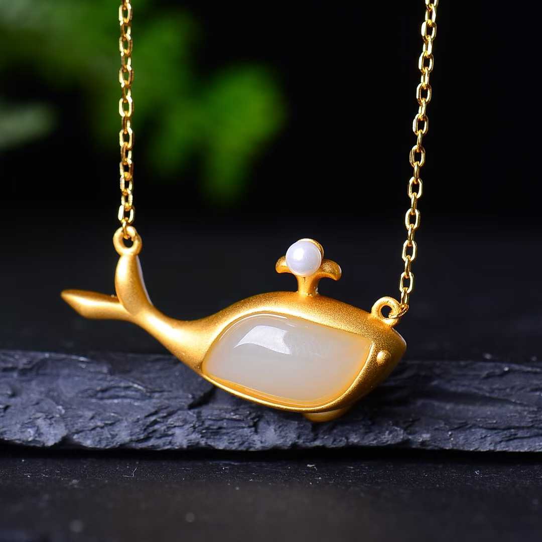 925 Silver Inlaid Nephrite "Dolphin" Jewelry Set - jewelry - weilin.com