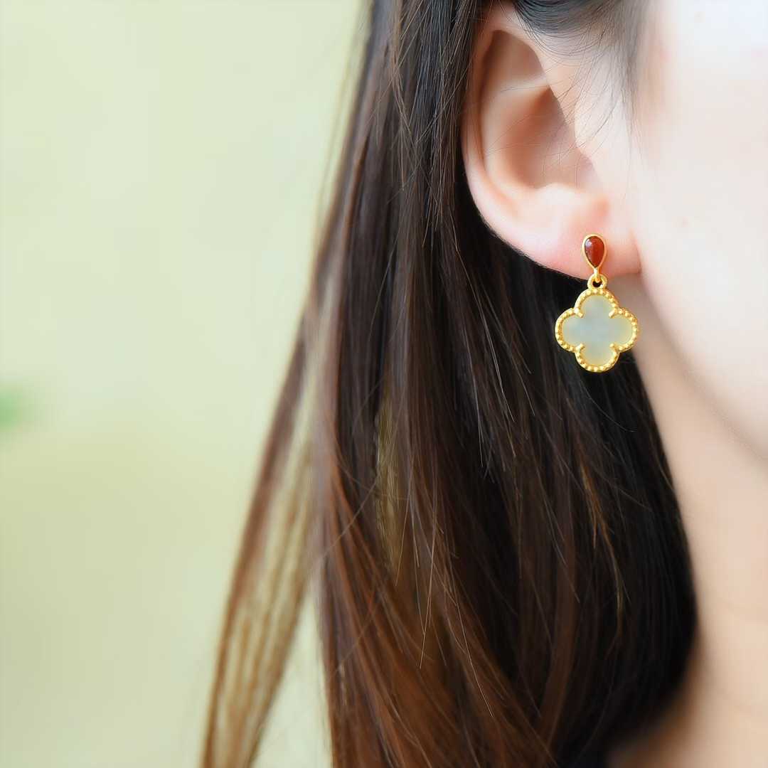 925 Silver Inlaid Nephrite Double - Sided Four - Leaf Clover Earrings - jewelry - weilin.com