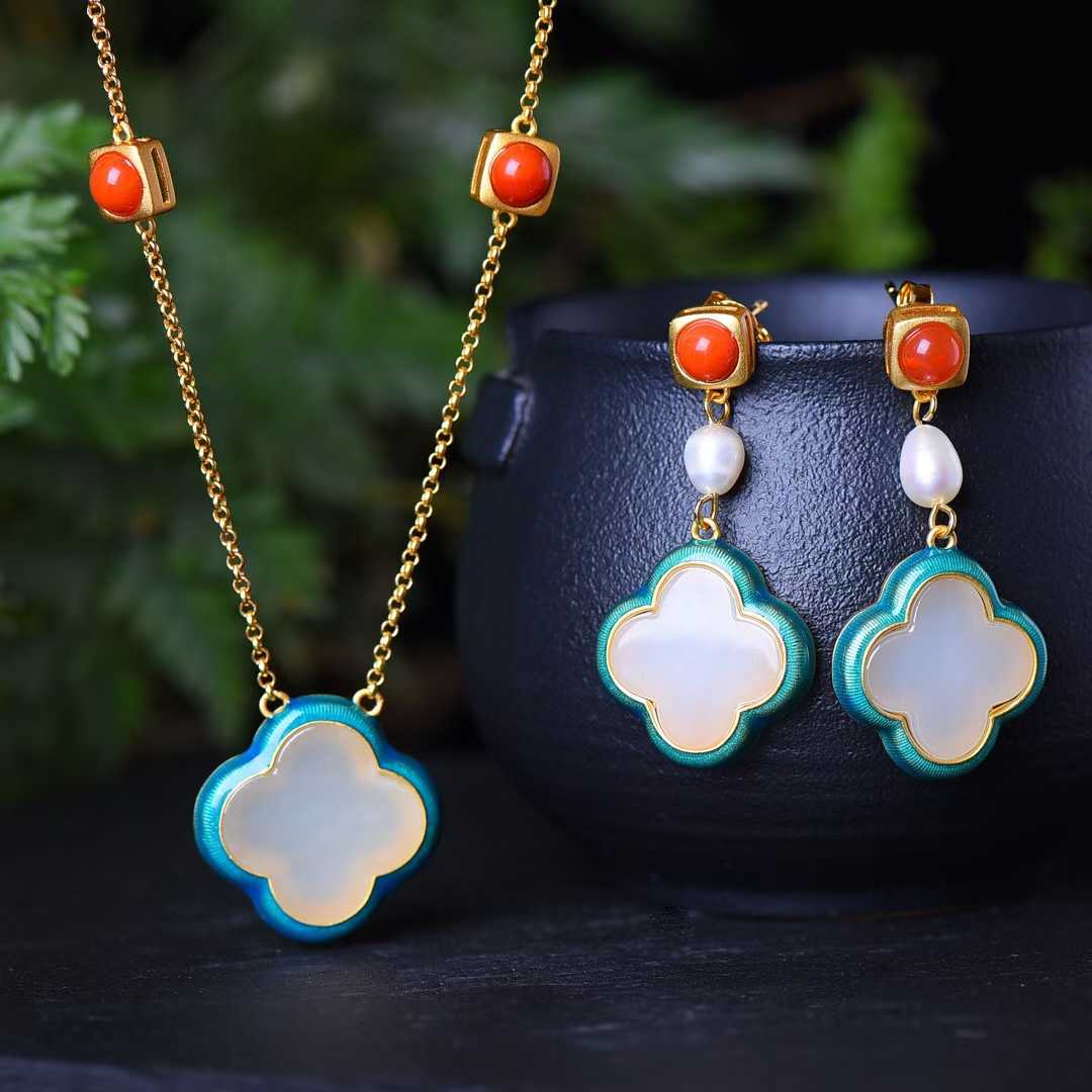 925 Silver Inlaid Nephrite Enamel Four - Leaf Clover Jewelry Set - jewelry - weilin.com