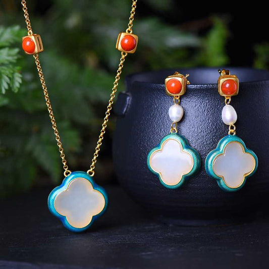 925 Silver Inlaid Nephrite Enamel Four - Leaf Clover Jewelry Set - jewelry - weilin.com