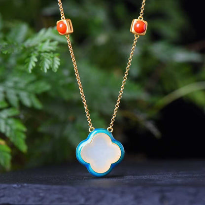 925 Silver Inlaid Nephrite Enamel Four - Leaf Clover Jewelry Set - jewelry - weilin.com