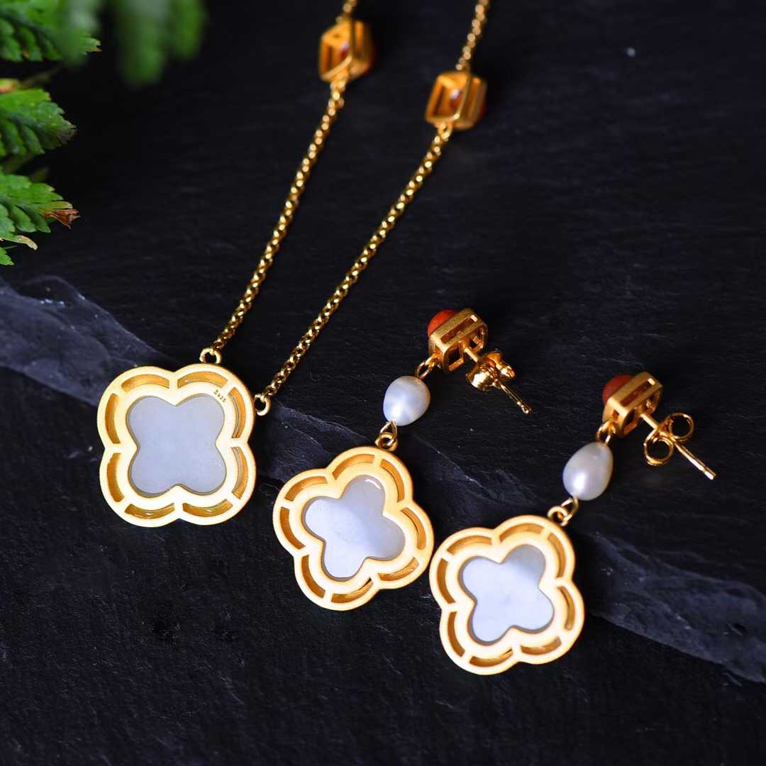 925 Silver Inlaid Nephrite Enamel Four - Leaf Clover Jewelry Set - jewelry - weilin.com