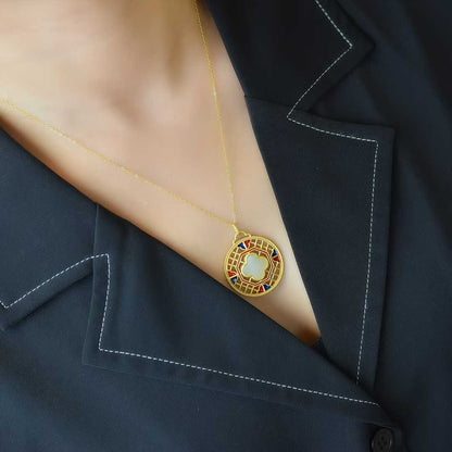 925 Silver Inlaid Nephrite Enamel Four - Leaf Clover Pendant - jewelry - weilin.com