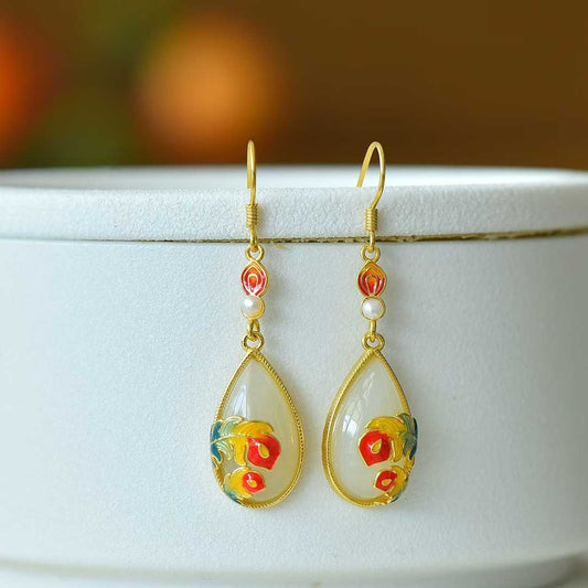 925 Silver Inlaid Nephrite "Falling Feathers" Teardrop Earrings - jewelry - weilin.com