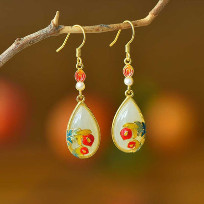 925 Silver Inlaid Nephrite "Falling Feathers" Teardrop Earrings - jewelry - weilin.com