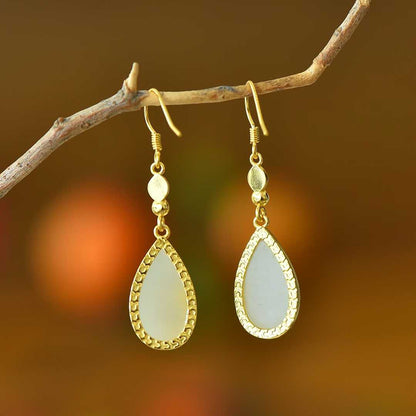 925 Silver Inlaid Nephrite "Falling Feathers" Teardrop Earrings - jewelry - weilin.com