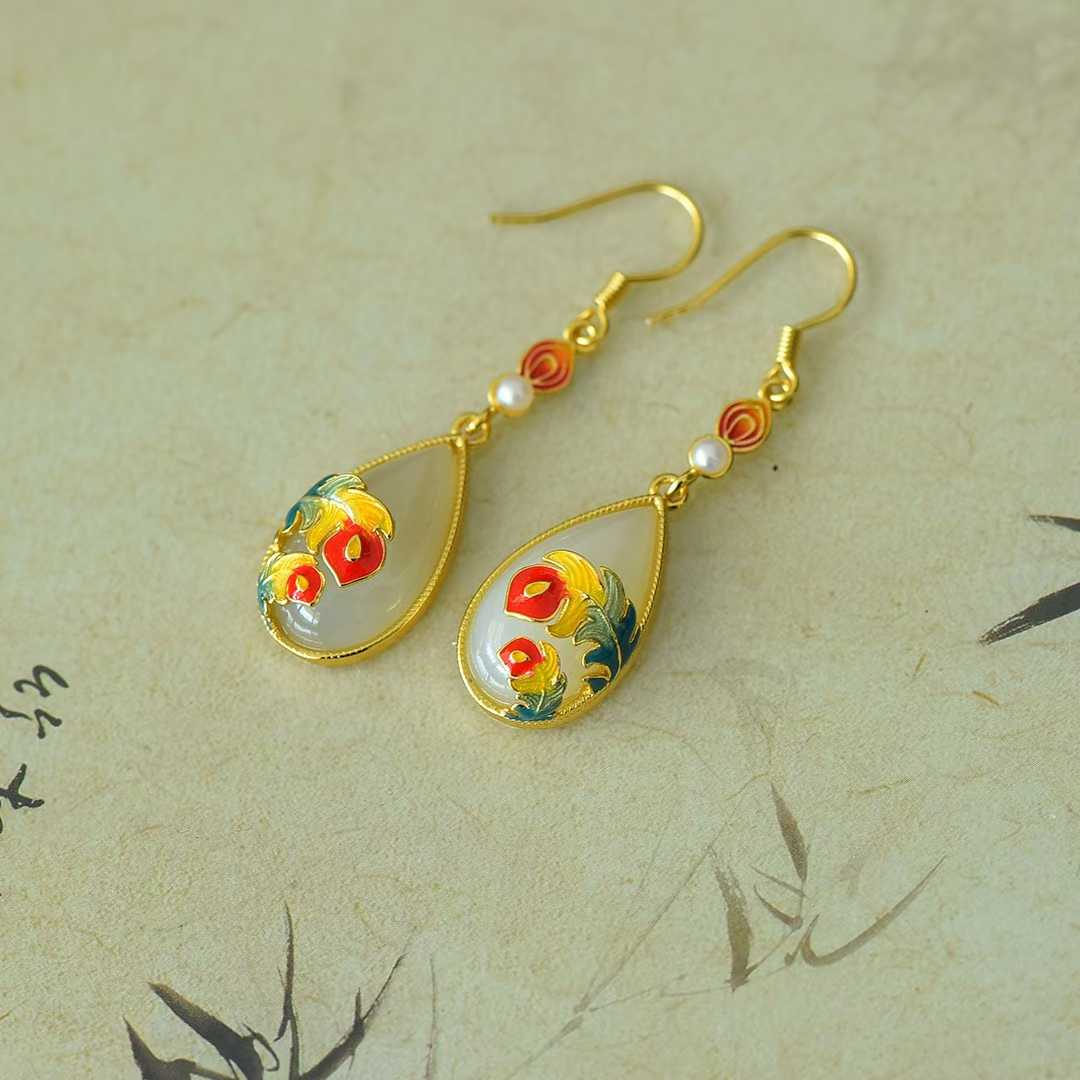 925 Silver Inlaid Nephrite "Falling Feathers" Teardrop Earrings - jewelry - weilin.com