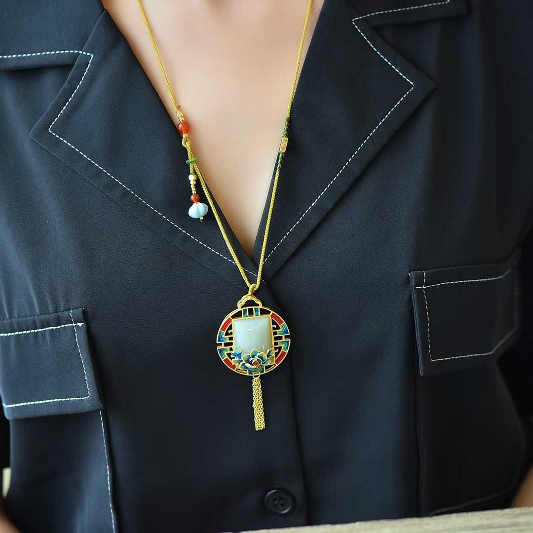 925 Silver Inlaid Nephrite Fan - Shaped "Shunxin Zhuyi" Tassel Pendant - jewelry - weilin.com