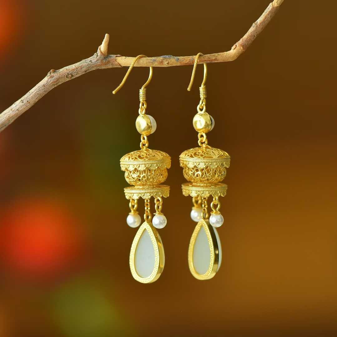 925 Silver Inlaid Nephrite Filigree Hollow Earrings - jewelry - weilin.com