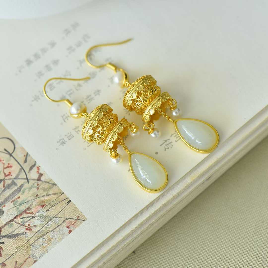 925 Silver Inlaid Nephrite Filigree Hollow Earrings - jewelry - weilin.com