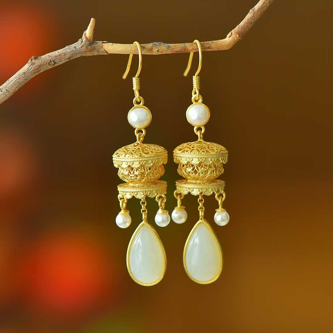 925 Silver Inlaid Nephrite Filigree Hollow Earrings - jewelry - weilin.com