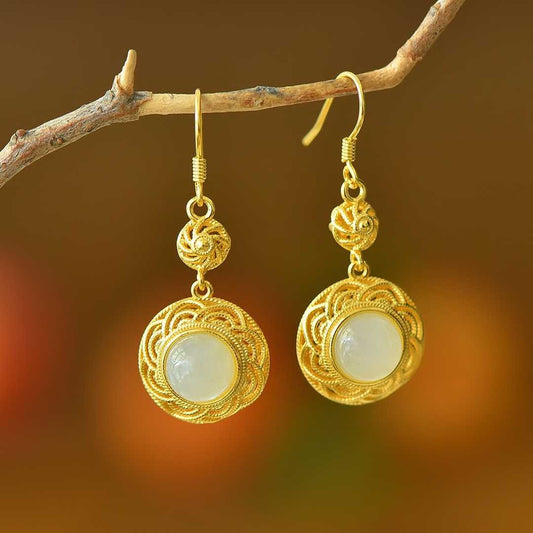 925 Silver Inlaid Nephrite "Flowers Bloom in Prosperity" Earrings - jewelry - weilin.com