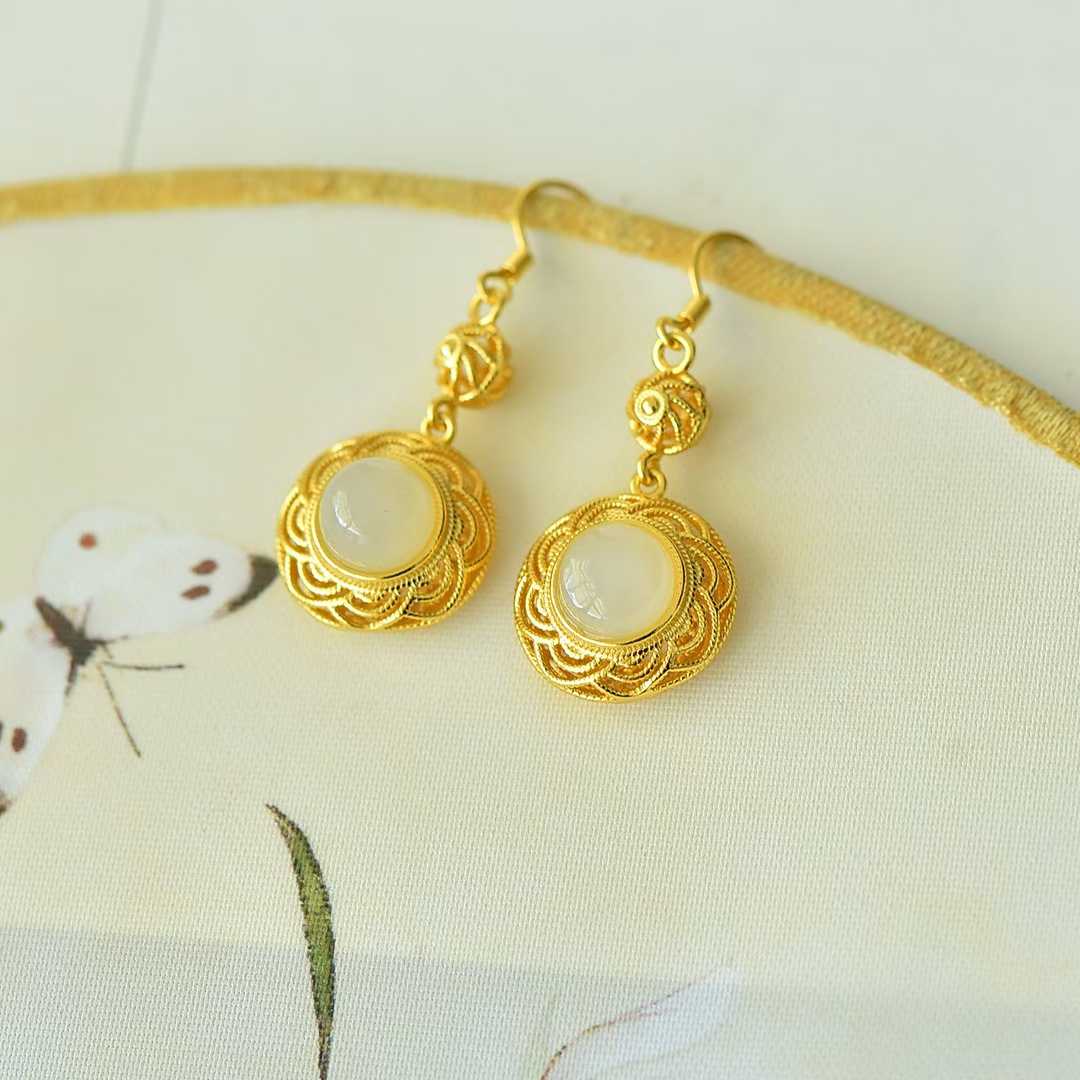 925 Silver Inlaid Nephrite "Flowers Bloom in Prosperity" Earrings - jewelry - weilin.com