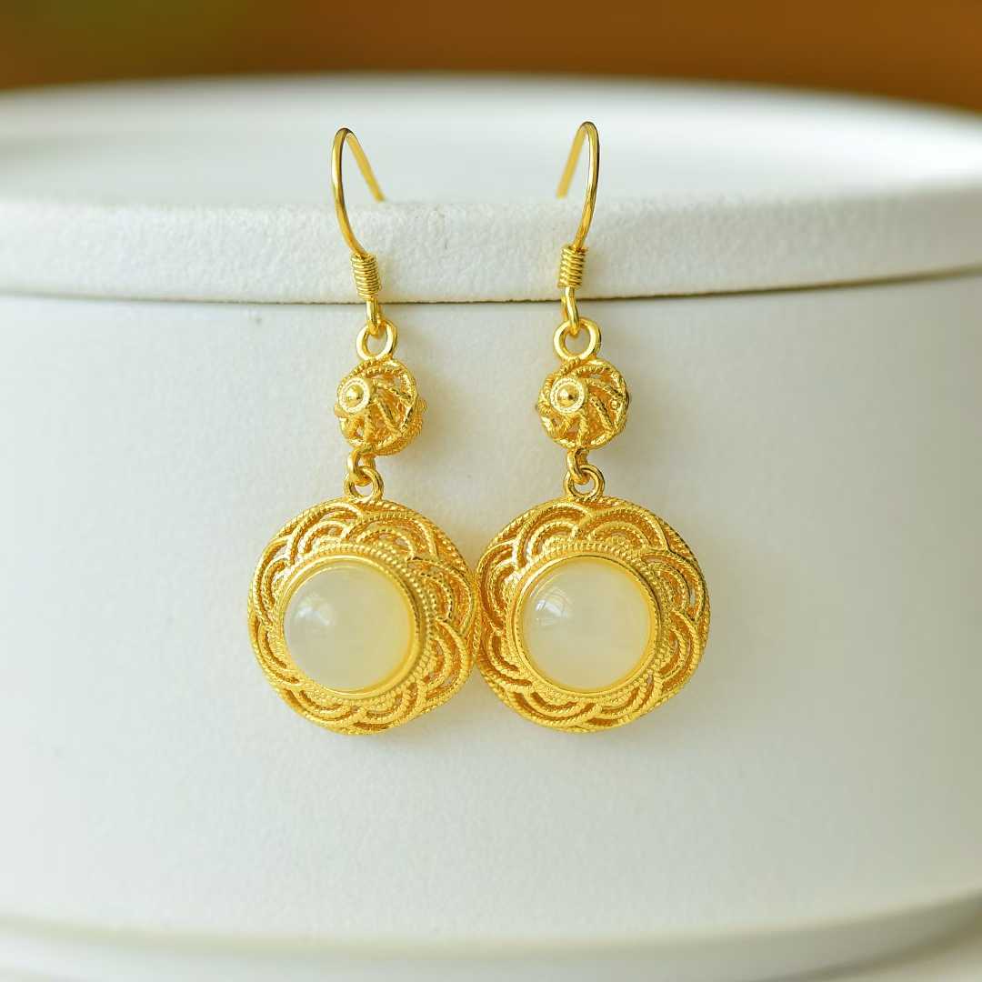 925 Silver Inlaid Nephrite "Flowers Bloom in Prosperity" Earrings - jewelry - weilin.com