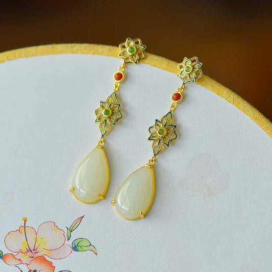 925 Silver Inlaid Nephrite "Flowers Bloom in Prosperity" Teardrop Earrings - jewelry - weilin.com