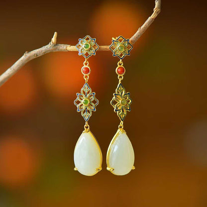 925 Silver Inlaid Nephrite "Flowers Bloom in Prosperity" Teardrop Earrings - jewelry - weilin.com