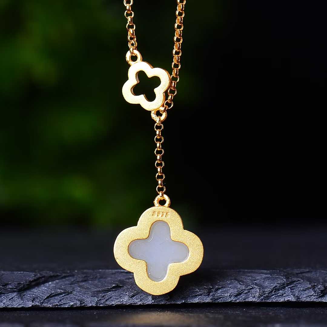 925 Silver Inlaid Nephrite Four - Leaf Clover Pendant - jewelry - weilin.com