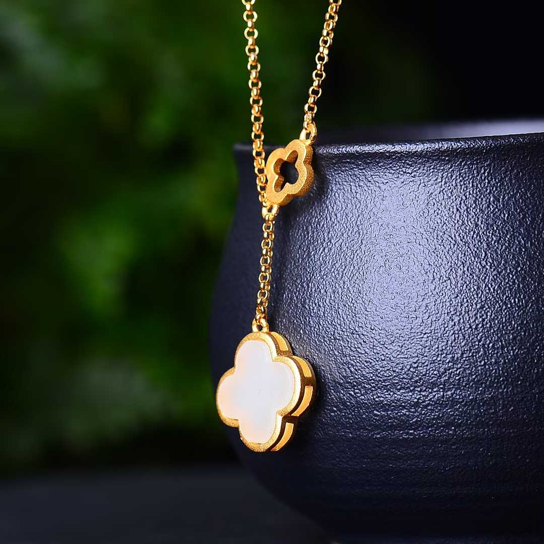 925 Silver Inlaid Nephrite Four - Leaf Clover Pendant - jewelry - weilin.com