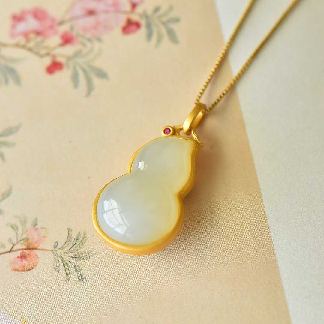 925 Silver Inlaid Nephrite "Fu Lu" (Happiness and Prosperity) Pendant - jewelry - weilin.com