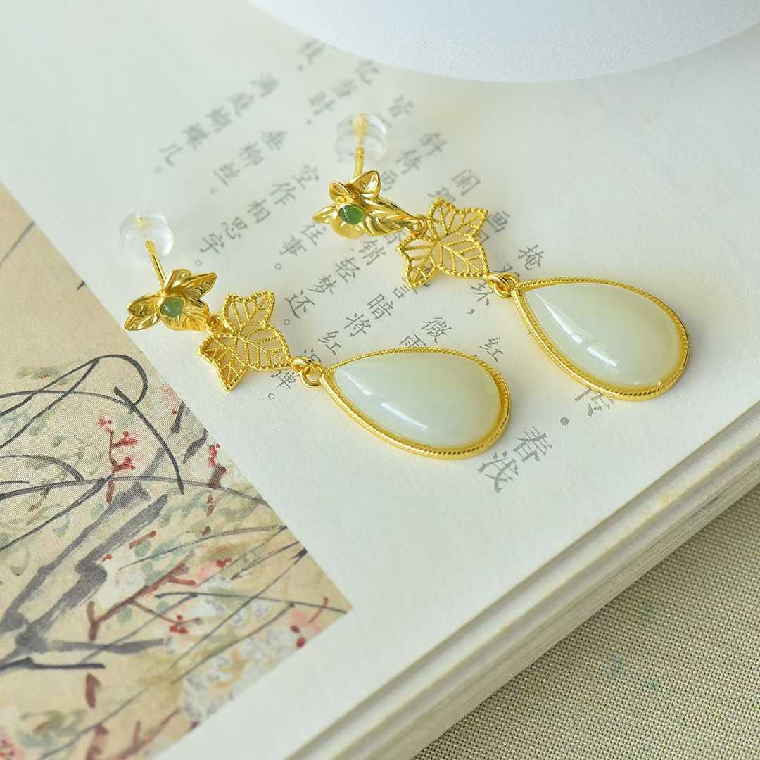 925 Silver Inlaid Nephrite "Golden Branch Jade Leaf" Earrings - jewelry - weilin.com