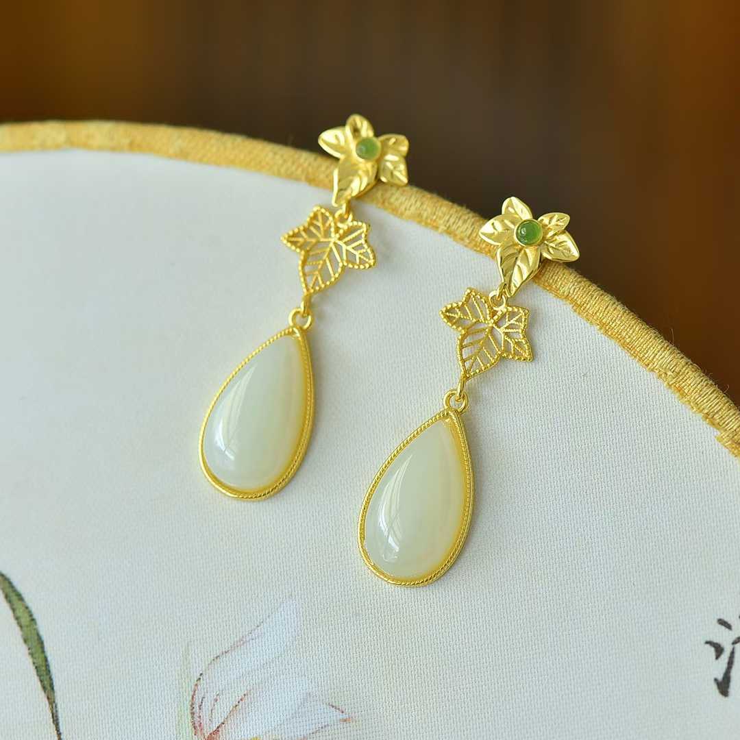 925 Silver Inlaid Nephrite "Golden Branch Jade Leaf" Earrings - jewelry - weilin.com