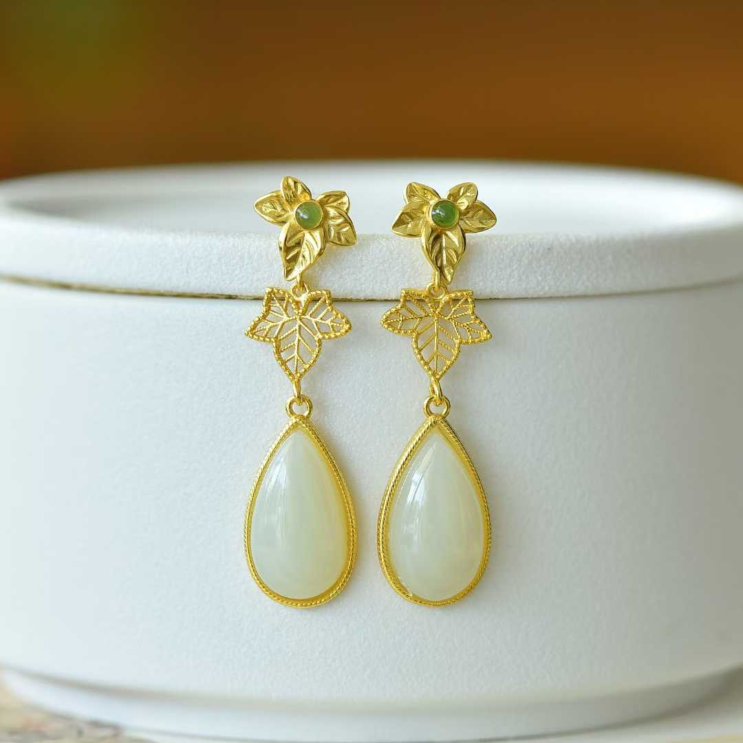 925 Silver Inlaid Nephrite "Golden Branch Jade Leaf" Earrings - jewelry - weilin.com