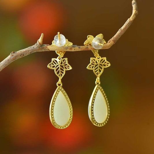 925 Silver Inlaid Nephrite "Golden Branch Jade Leaf" Earrings - jewelry - weilin.com