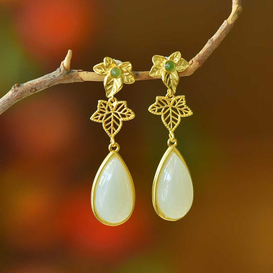 925 Silver Inlaid Nephrite "Golden Branch Jade Leaf" Earrings - jewelry - weilin.com
