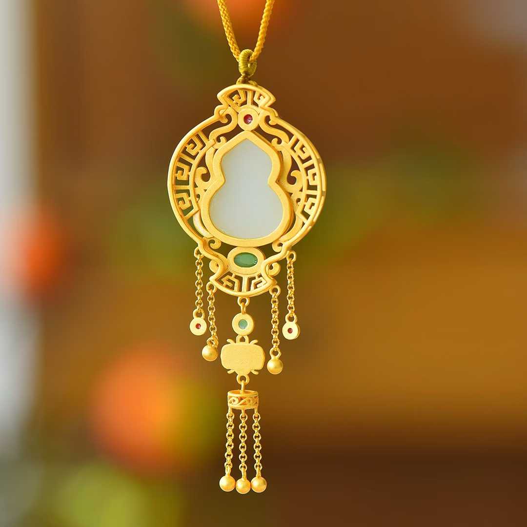 925 Silver Inlaid Nephrite "Gourd" Vintage Pendant for Adding Blessings and Good Fortune - jewelry - weilin.com