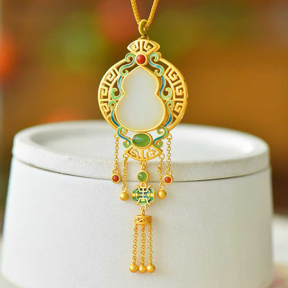 925 Silver Inlaid Nephrite "Gourd" Vintage Pendant for Adding Blessings and Good Fortune - jewelry - weilin.com