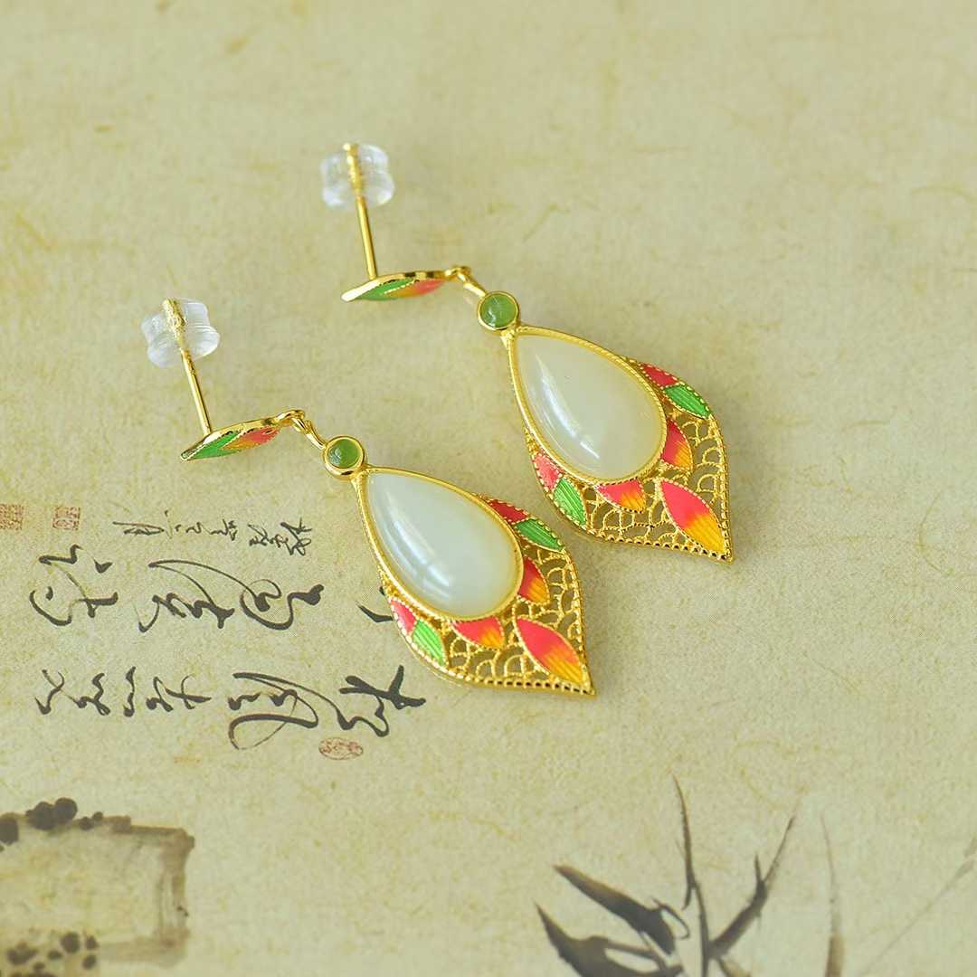 925 Silver Inlaid Nephrite "Graceful Lady by Autumn Waters" Teardrop Stud Earrings - jewelry - weilin.com