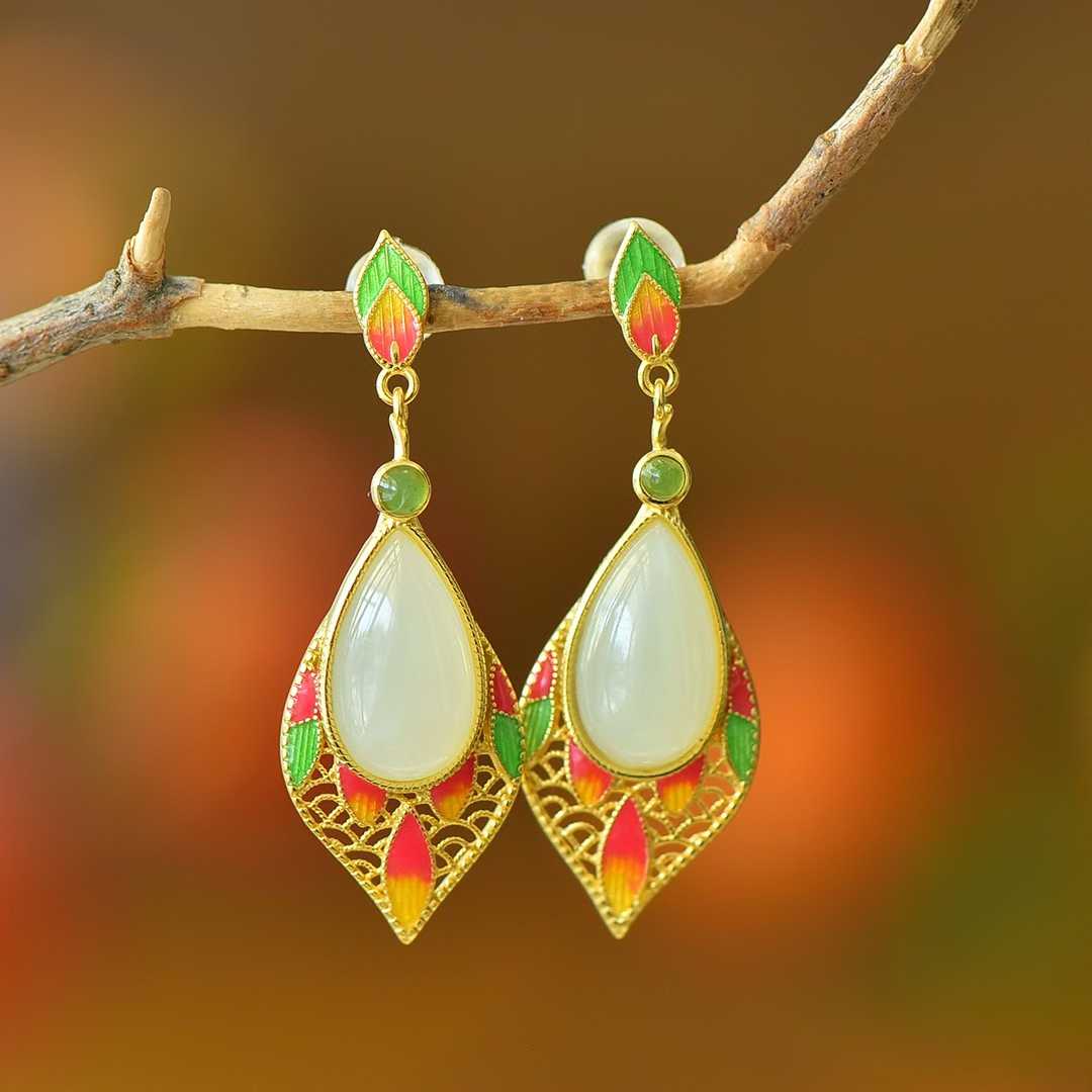 925 Silver Inlaid Nephrite "Graceful Lady by Autumn Waters" Teardrop Stud Earrings - jewelry - weilin.com