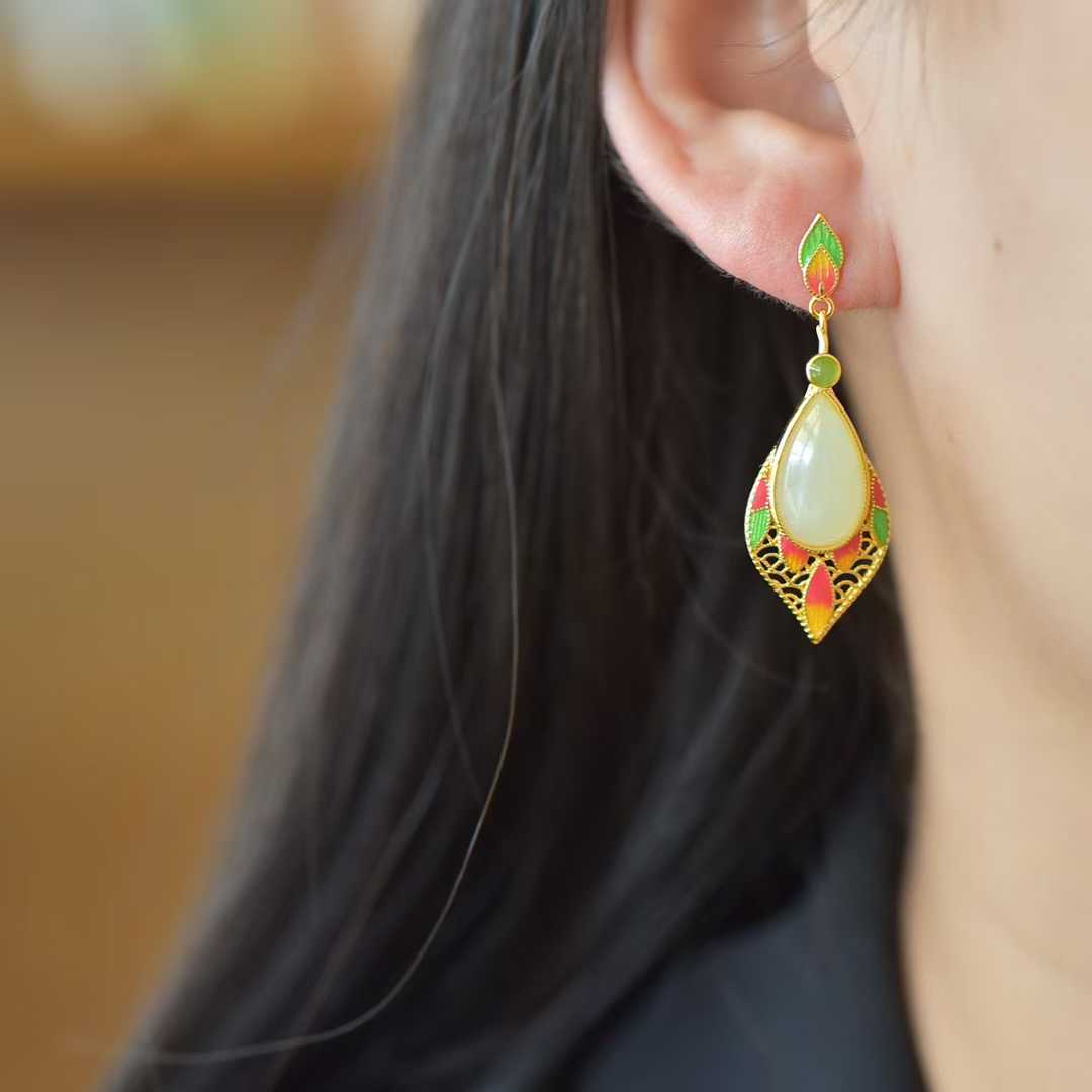 925 Silver Inlaid Nephrite "Graceful Lady by Autumn Waters" Teardrop Stud Earrings - jewelry - weilin.com