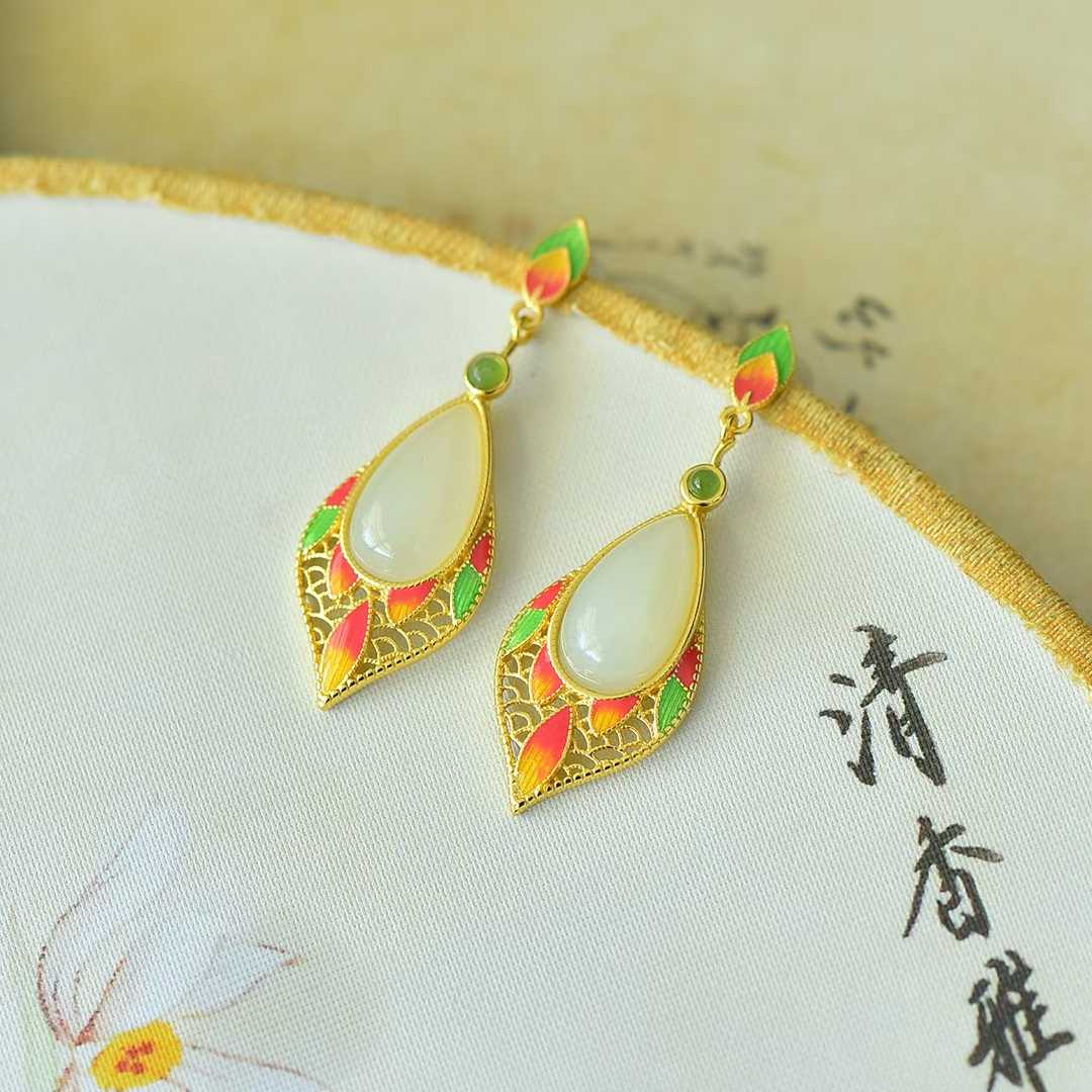 925 Silver Inlaid Nephrite "Graceful Lady by Autumn Waters" Teardrop Stud Earrings - jewelry - weilin.com