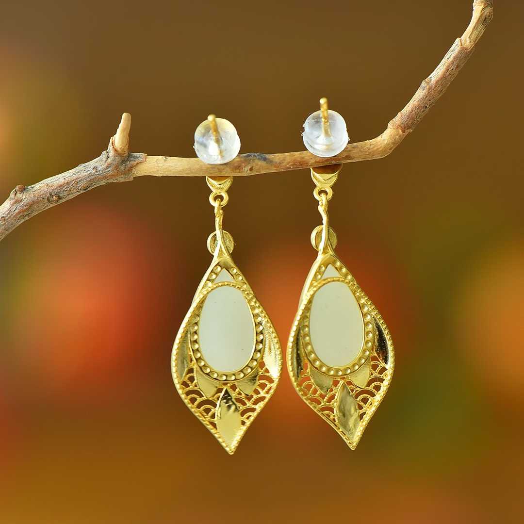 925 Silver Inlaid Nephrite "Graceful Lady by Autumn Waters" Teardrop Stud Earrings - jewelry - weilin.com