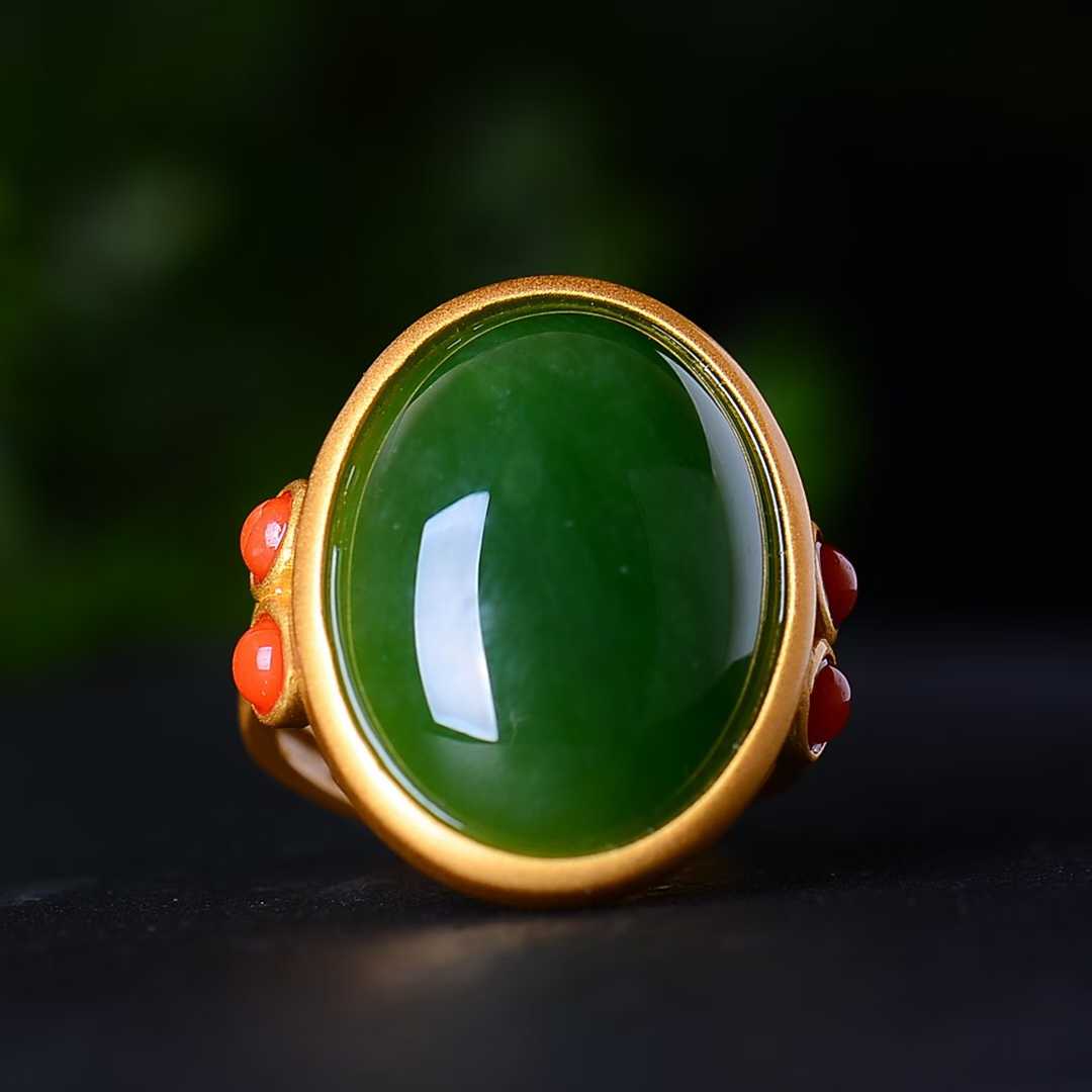 925 Silver Inlaid Nephrite Green Jade Cabochon Matte Gold Ring - jewelry - weilin.com