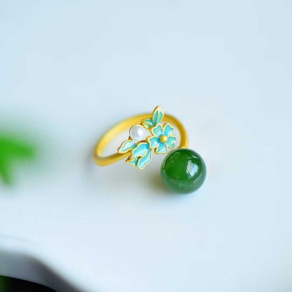 925 Silver Inlaid Nephrite (Green Jade) "Everlasting Flower & Dream Recall" Set - jewelry - weilin.com