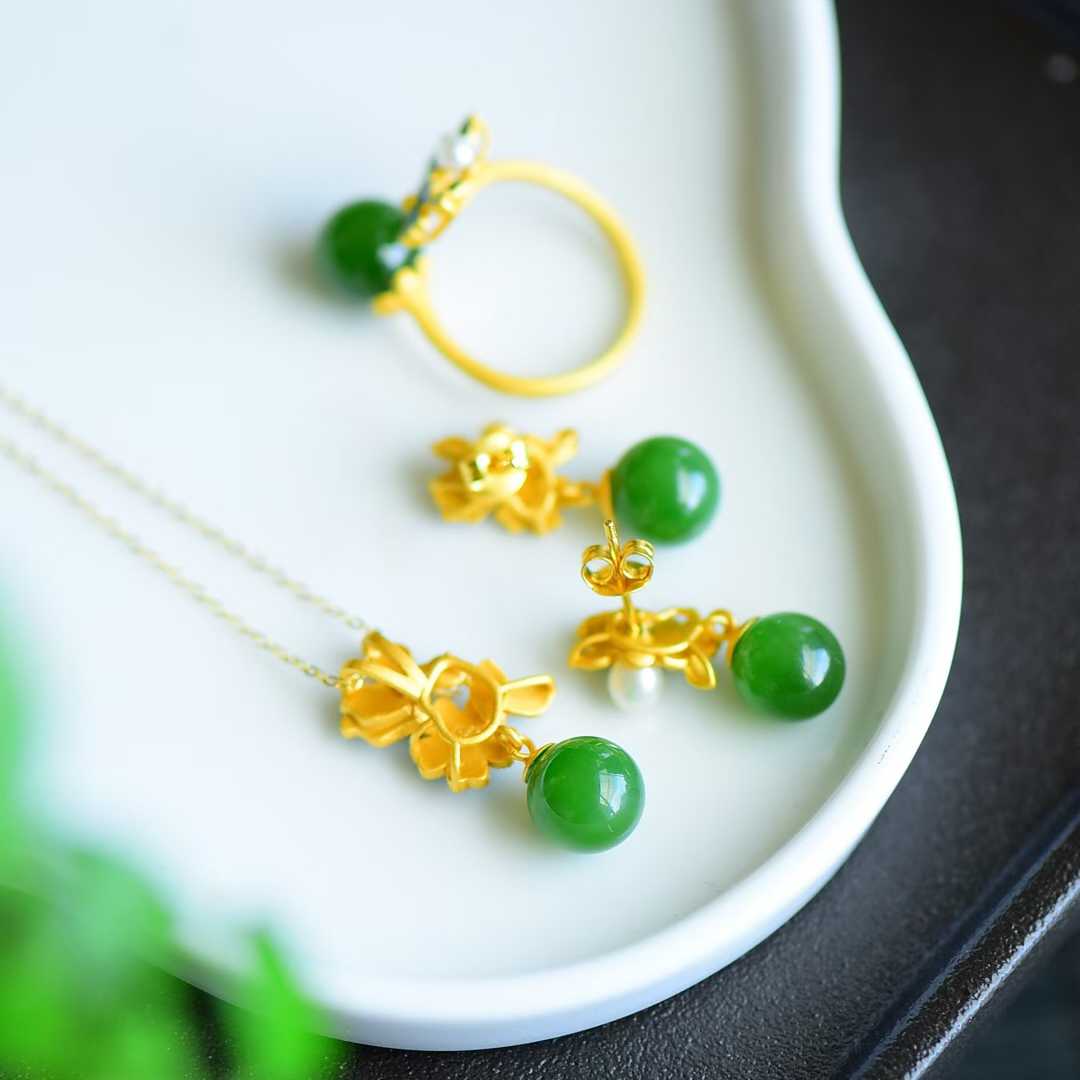 925 Silver Inlaid Nephrite (Green Jade) "Everlasting Flower & Dream Recall" Set - jewelry - weilin.com
