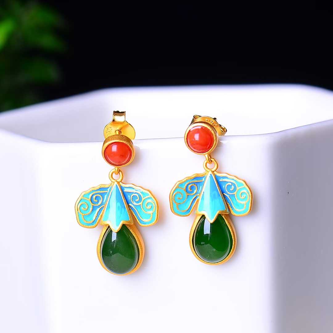 925 Silver Inlaid Nephrite Green Jade Teardrop Enamel Earrings - jewelry - weilin.com