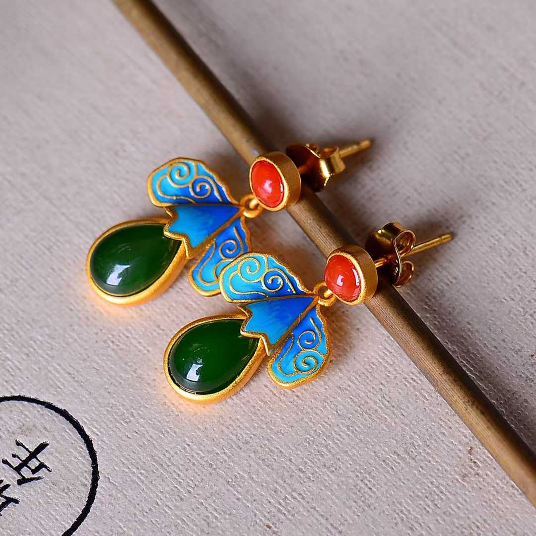 925 Silver Inlaid Nephrite Green Jade Teardrop Enamel Earrings - jewelry - weilin.com